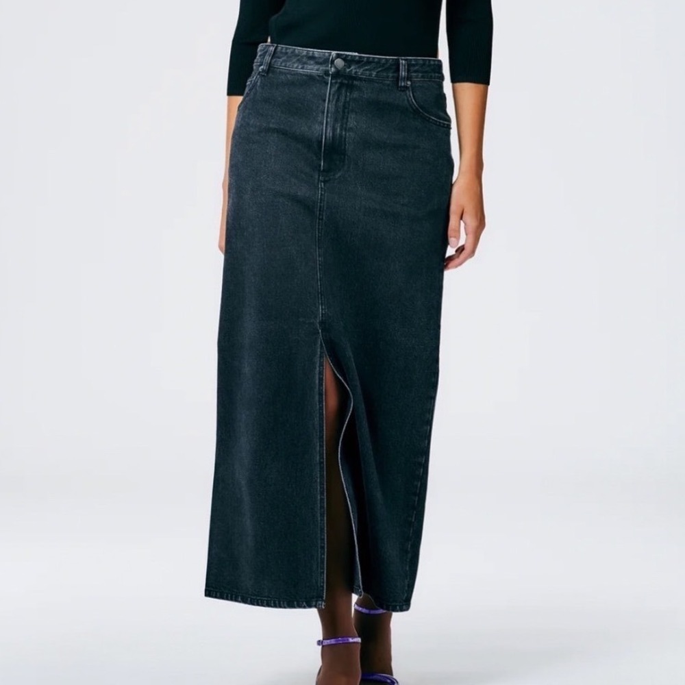 Tibi Washed Black Denim Front Slit Maxi Skirt Size 28 Longline High Waisted